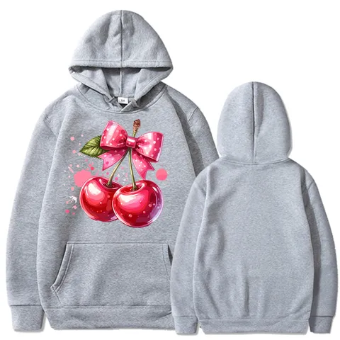 Unisex Casual Polyester Fleece Pullover Hoodie Bedruckt Kirsche Schleife Langarm Locker Sweatshirt Mit Kängurutasche Top