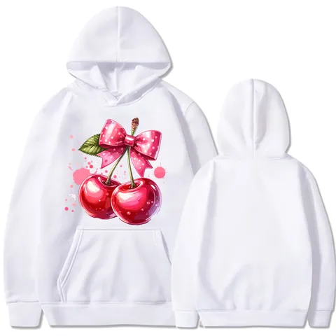 Unisex Casual Polyester Fleece Pullover Hoodie Bedruckt Kirsche Schleife Langarm Locker Sweatshirt Mit Kängurutasche Top