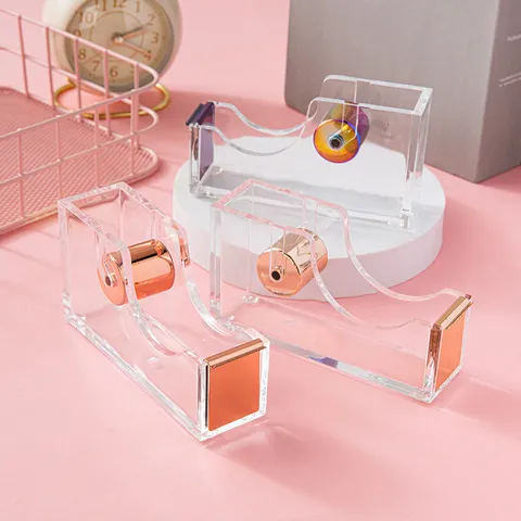 Modern Acrylic Rose Gold Tape Dispenser Desktop Manual Tape Cutter Transparent Office School Supplies Rainbow Gold Electroplated Metal Tape Dispenser