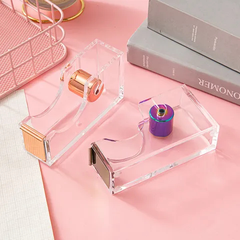 Modern Acrylic Rose Gold Tape Dispenser Desktop Manual Tape Cutter Transparent Office School Supplies Rainbow Gold Electroplated Metal Tape Dispenser