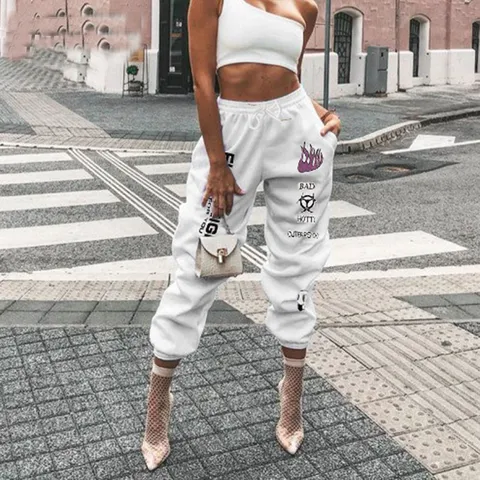 Unisex Streetwear Hip Hop Printed Casual Joggers Loose Graphic Sweatpants Drawstring Fleece Cuffed Long Pants For Dance