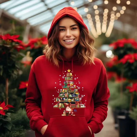 Sweat à Capuche en Molleton Imprimé Sapin de Noël Père Noël Unisexe Décontracté Manches Longues Avec Poche Avant Haut