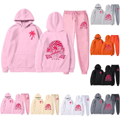 Unisex Fleece Lined Tracksuit Set Tropical Palm Tree Print Drawstring Hoodie Sweatpants Casual Pullover Outfit