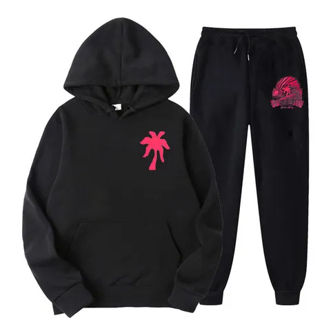 Unisex Fleece Lined Tracksuit Set Tropical Palm Tree Print Drawstring Hoodie Sweatpants Casual Pullover Outfit