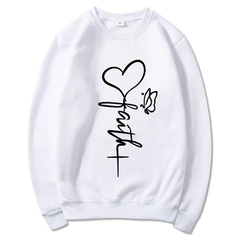 Women's Casual Crew Neck Long Sleeve Sweatshirt Faith Heart Butterfly Print Fleece Lined Polyester Top Valentine Fashion T-Shirt