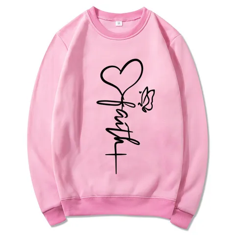 Women's Casual Crew Neck Long Sleeve Sweatshirt Faith Heart Butterfly Print Fleece Lined Polyester Top Valentine Fashion T-Shirt