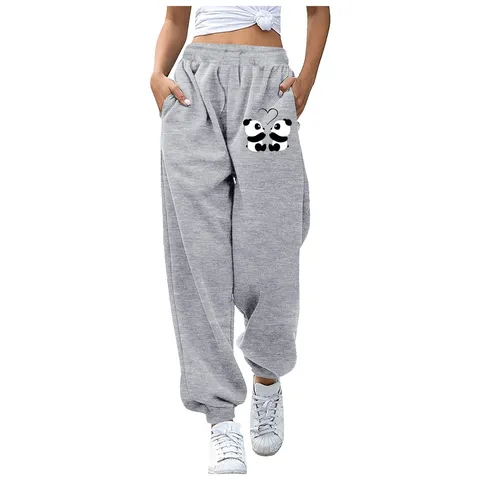 Pantaloni della Tuta Casual Felpati da Donna Simpatica Stampa Panda Cartoni Animati Vita Alta Coulisse Jogger Pantaloni Sportivi