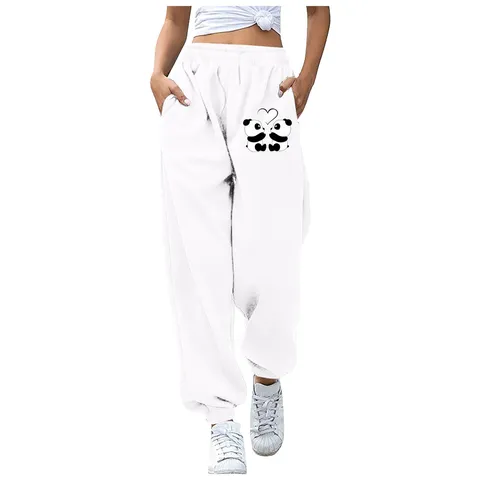 Pantaloni della Tuta Casual Felpati da Donna Simpatica Stampa Panda Cartoni Animati Vita Alta Coulisse Jogger Pantaloni Sportivi