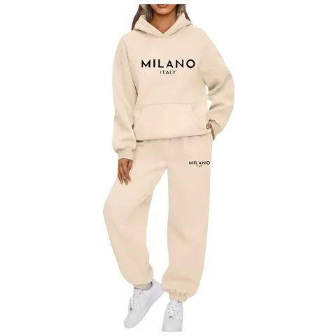 Women Casual Long Sleeve Hooded Sweatshirt And Pants Top And Bottom Letter Print Loose Sportswear Set