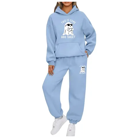 Women Casual Tracksuit Long Sleeve Hooded Sweatshirt And Loose Sweatpants Ghost Print Pullover Top And Bottom Outfit