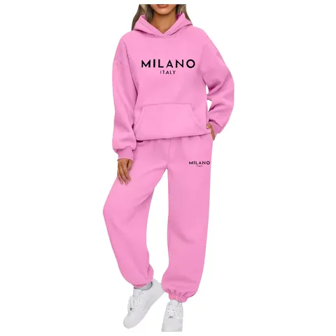 Women Casual Long Sleeve Hooded Sweatshirt And Pants Top And Bottom Letter Print Loose Sportswear Set