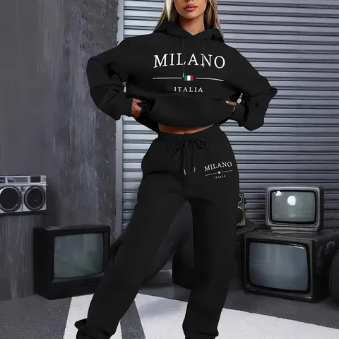 Women Casual Long Sleeve Hooded Sweatshirt And Sweatpants Solid Color Loose Fit Pullover Hoodie Sportswear Set