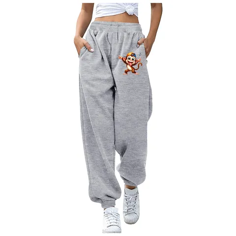 Pantaloni della Tuta Felpati Unisex Casual Larghi Jogger Con Tasche Stampa Scimmia Cartone Animato Coulisse Termici