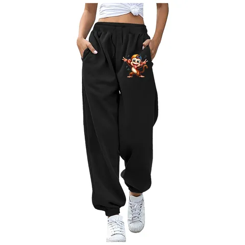 Pantaloni della Tuta Felpati Unisex Casual Larghi Jogger Con Tasche Stampa Scimmia Cartone Animato Coulisse Termici