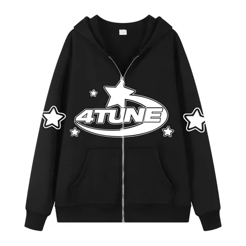 Men's Casual Full Zip Hooded Sweatshirt Y2K Vintage Star Print Fleece Lined Long Sleeve Hoodie Outerwear Top