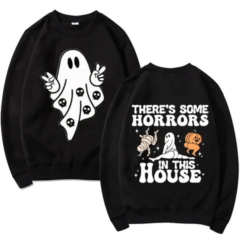 Halloween Ghost Graphic Print Pullover Top Loose Long Sleeve Crew Neck Fleece Sweatshirt There's Some Horrors In This House Letter Print Unisex Casual Streetwear