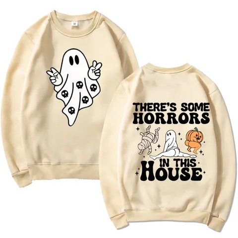 Halloween Ghost Graphic Print Pullover Top Loose Long Sleeve Crew Neck Fleece Sweatshirt There's Some Horrors In This House Letter Print Unisex Casual Streetwear