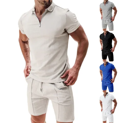 Set Abito Waffle Casual da Uomo Top Manica Corta con Revers e Cerniera e Pantaloncini Estate Tinta Unita Larga