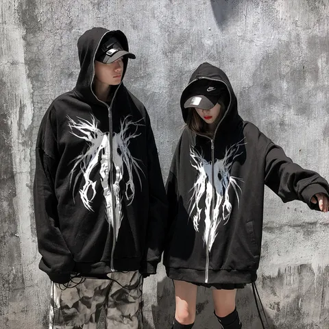 Top à Capuche Unisexe Style Sombre Imprimé Doublé Polaire Fermeture Éclair Totale Hip Hop Streetwear Veste Cardigan Ample pour Hommes Femmes
