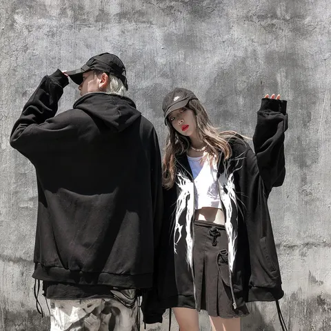 Top à Capuche Unisexe Style Sombre Imprimé Doublé Polaire Fermeture Éclair Totale Hip Hop Streetwear Veste Cardigan Ample pour Hommes Femmes