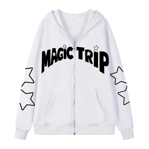 Sudadera con Capucha Casual de Poliéster Estampado Felpa Cremallera Completa Holgado Manga Larga Alfabeto Estrella Patrón Cálido Unisex Top