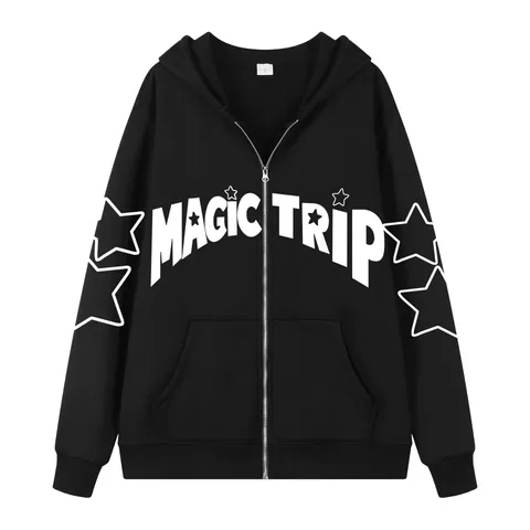 Sudadera con Capucha Casual de Poliéster Estampado Felpa Cremallera Completa Holgado Manga Larga Alfabeto Estrella Patrón Cálido Unisex Top