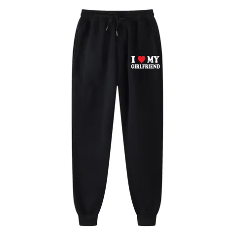 I Love My Girlfriend Letter Print Men's Fleece Sweatpants Casual Thickened Cotton Blend Joggers Winter Sport Bottoms