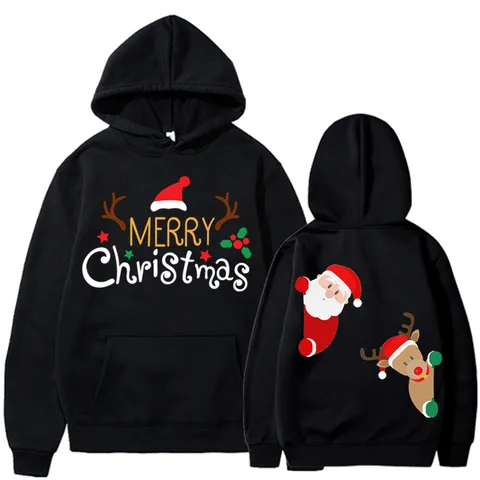Merry Christmas Top Sudadera con Capucha Estampada Papá Noel Reno Dibujos Animados Casual Sudadera de Felpa Holgada Manga Larga Otoño Invierno Hombre