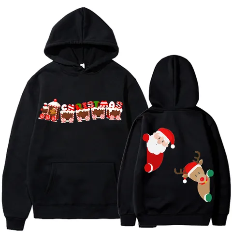 Sweat à Capuche de Noël Unisexe Homme Femme Doublé Polaire Pull Graphique Train Père Noël Imprimé Manches Longues Sweat à Capuche