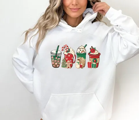 Christmas Mug Printed Fleece Hooded Sweatshirt For Men Women Oversized Casual Long Sleeve Pullover Winter Warm Hoodie Top