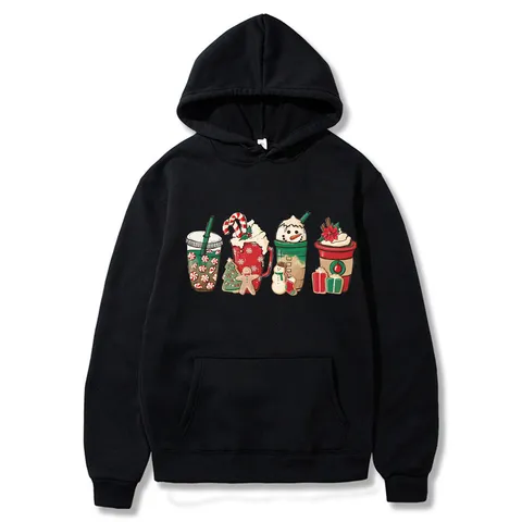 Christmas Mug Printed Fleece Hooded Sweatshirt For Men Women Oversized Casual Long Sleeve Pullover Winter Warm Hoodie Top