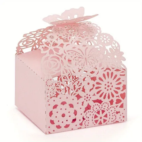 European Laser Cut Hollow Wedding Candy Gift Box Ribbon Bow Knot Paper Decorative Treat Box For Party Event Decoration Pink Box
