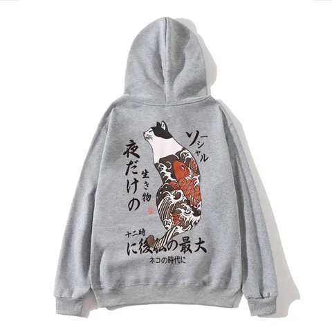 Men's Casual Japanese Cat Print Hooded Long Sleeve Loose Fit Pullover Sweatshirt Streetwear Trendy Top