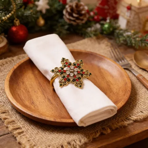 Minimalistische Schneeflocke Serviettenringe Luxuriöse Zinklegierung Strass Serviettenhalter Vergoldet Weihnachten Tischdeko Zubehör