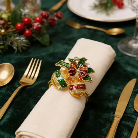 Alloy Rhinestone Christmas Jingle Bells Napkin Rings Bowknot Decorative Napkin Buckles Holder For Hotel Table Festive Party Banquet Decoration