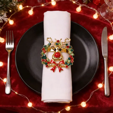 Portatovaglioli Natalizi in Metallo a Forma di Renna e Campana in Lega di Zinco Oro Con Strass per Decorazione Tavola Festa