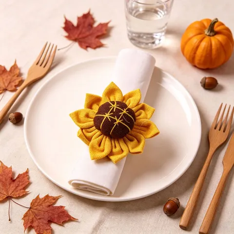 Rustic Sunflower Fabric Napkin Rings Woven Jute Rope Napkin Holder Autumn Floral Table Top Decoration For Hotel Dining Party Decor