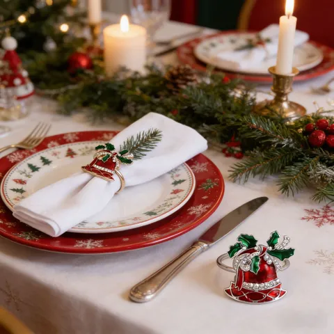 Christmas Bell Napkin Rings Zinc Alloy Rhinestone Enamel Napkin Buckles For Holiday Dinner Table Decoration Party