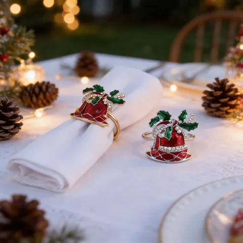 Christmas Bell Napkin Rings Zinc Alloy Rhinestone Enamel Napkin Buckles For Holiday Dinner Table Decoration Party