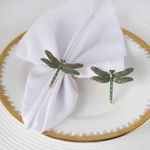 Zinc Alloy Dragonfly Napkin Rings Gold Green Enamel Napkin Buckles For Hotel Restaurant Wedding Party Table Decor