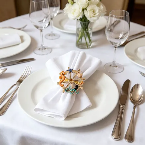 Ocean Style Rudder Zinc Alloy Napkin Rings Electroplated Multicolor Seahorse Octopus Napkin Buckle For Hotel Restaurant Western Dinner Table Setting Decor