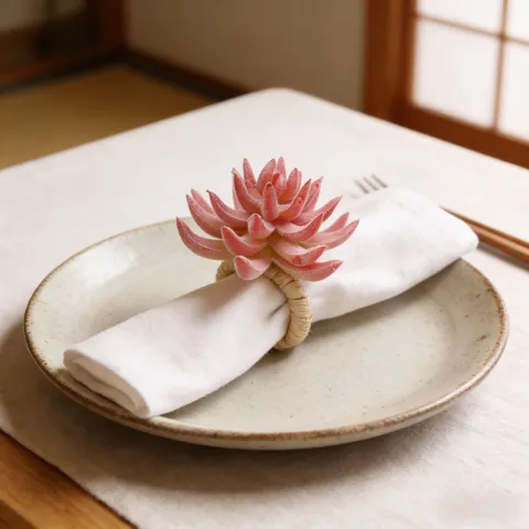Servilletero de Suculenta Artificial de Estilo Chino Hebilla de Rotén Rosa Para Decoración de Mesa Hotel Restaurante Boda Fiesta