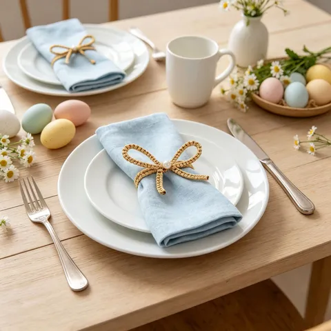 European Style Linen Napkin With Bow And Artificial Pearl Decoration Easter Party Table Decorative Napkin For Home Banquet