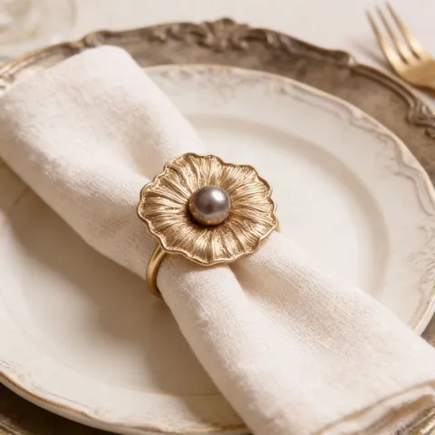 Lussuosi Portatovaglioli a Fiore in Lega di Zinco Oro Galvanico Portatovaglioli Con Decorazione con Perle Artificiale per Hotel Ristorante Tavolo da Pranzo Decor