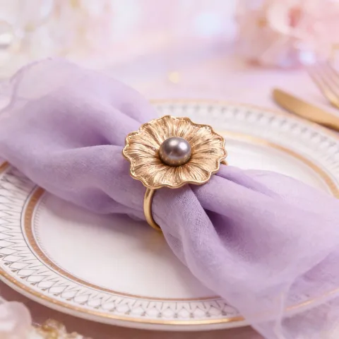 Lussuosi Portatovaglioli a Fiore in Lega di Zinco Oro Galvanico Portatovaglioli Con Decorazione con Perle Artificiale per Hotel Ristorante Tavolo da Pranzo Decor