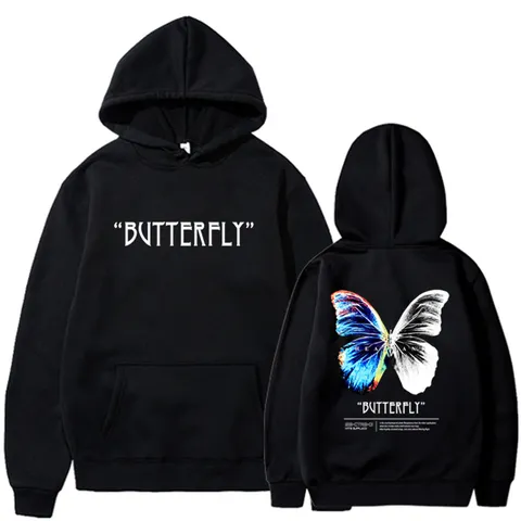Butterfly Print Fleece Lined Hoodie Oversized Streetwear Pullover Sweatshirt For Men Women Casual Top