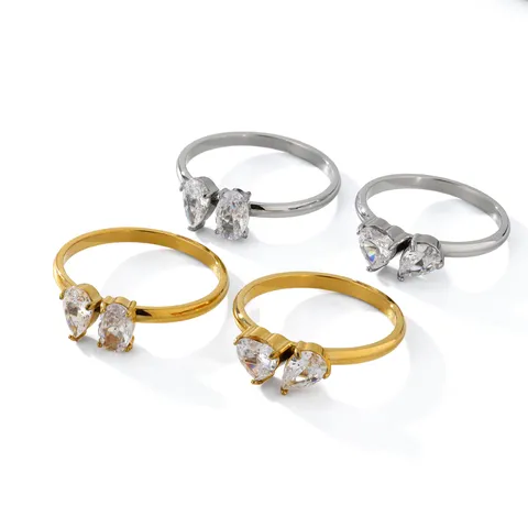 Luxury Stainless Steel Double Zirconia Ring For Women Gold Silver Plated Water Drop Heart Oval Adjustable Finger Ring Jewelry Gift