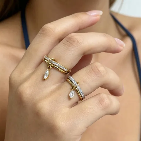 French Retro Double Layer Layered Ring Stainless Steel Rhinestone Geometric Open Ring Horse Eye Pendant Ring For Women Jewelry Gift