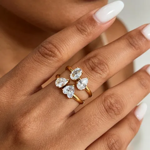 Luxury Stainless Steel Double Zirconia Ring For Women Gold Silver Plated Water Drop Heart Oval Adjustable Finger Ring Jewelry Gift