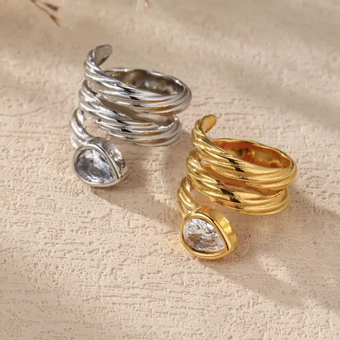 Stainless Steel Pear-Shaped Rhinestone Winding Snake Ring Gold Silver Plated Water Resistant Multi-Layer Jewelry For Women